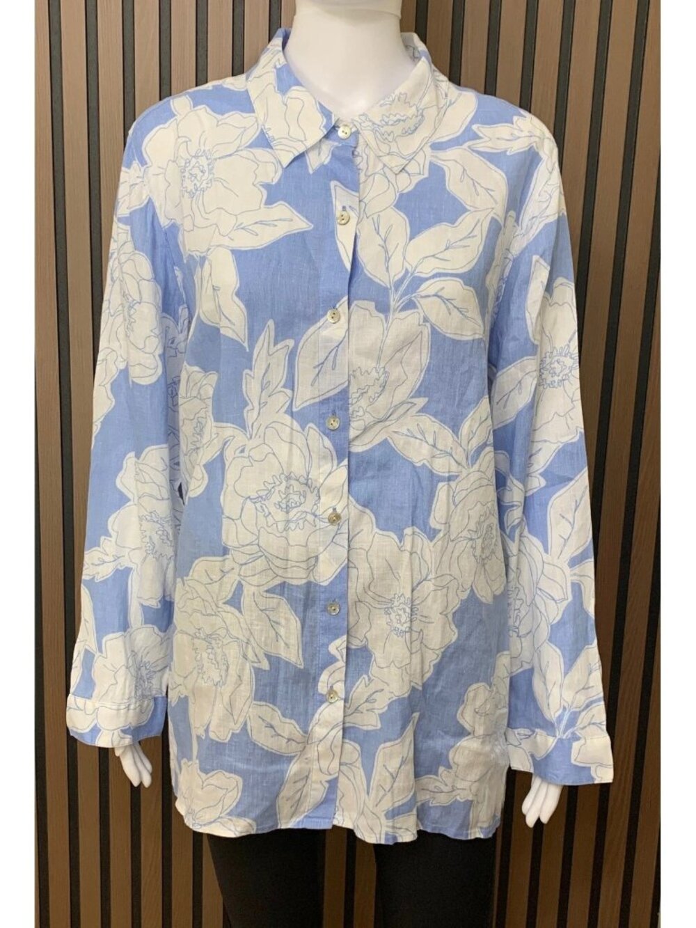 J. JILL love linen blue white floral button down long sleeve shirt (M)